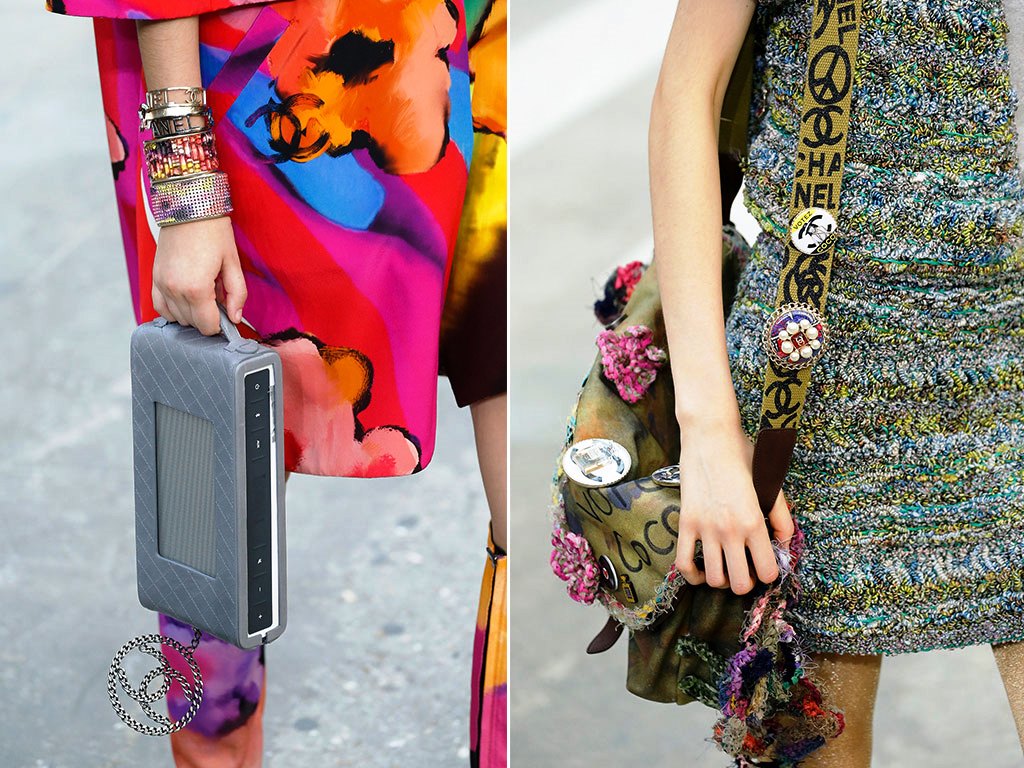 Chanel-Grey-Quilted-Clutch-and-Khaki-Tie-Dye-Bag-with-Speakers-Spring-2015